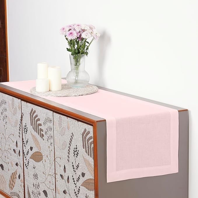 D'Moksha Homes Linen Pastel Pink Table Runner 120 Inches Long - 100% Pure Linen Dining Table Runner 14 x 120 Inch for Winter, Christmas, Holiday, New Year - Machine Washable
