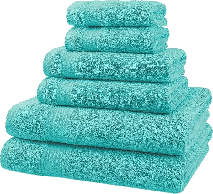 American Veteran Towel, 6 Piece Towel Set for Bathroom, 100% Cotton Turkish Bathroom Towels, 2 Bath Towels 2 Hand Towels 2 Washcloths, Turquoise Blue