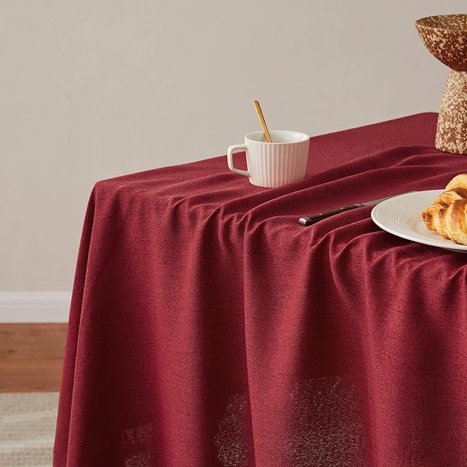 Linen Tablecloth for Rectangle Table, 60x104 Inch Burgundy, Farmhouse Style Red Tablecloth, Water Resistant Burlap Tablecloths for Dining Table Farmhouse Kitchen