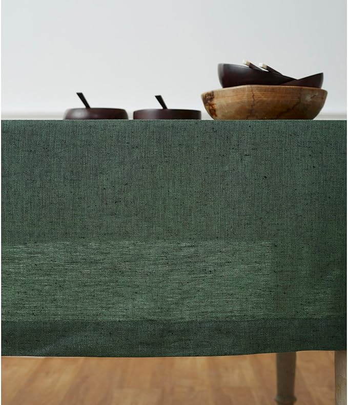Solino Home Linen Tablecloth 60 x 156 Inch - 100% Pure Linen Forest Green Table Cloth for Rectangle Tables - Athena, Machine Washable Tablecloth for New Year