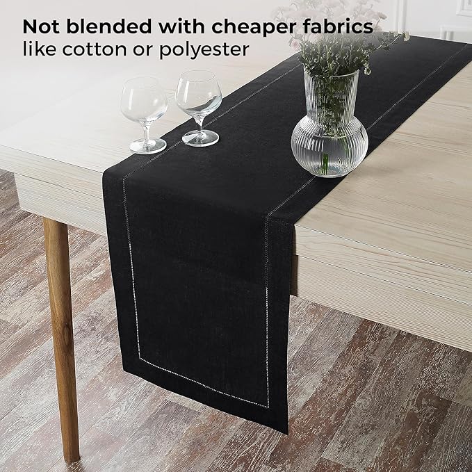 D'Moksha Homes Linen Black Table Runner 60 Inches - Classic Hemstitch, 100% Pure Linen Coffee Table Runner 14 x 60 Inch Ideal for Dresser Tables - Winter, Holiday, New Year