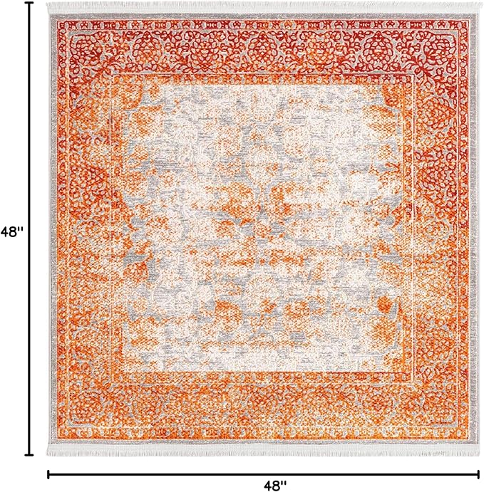 Unique Loom Traditional Classic Intricate Design Distressed Vintage Detail, Area Rug, 4' 0" x 4' 0", Terracotta/Gray