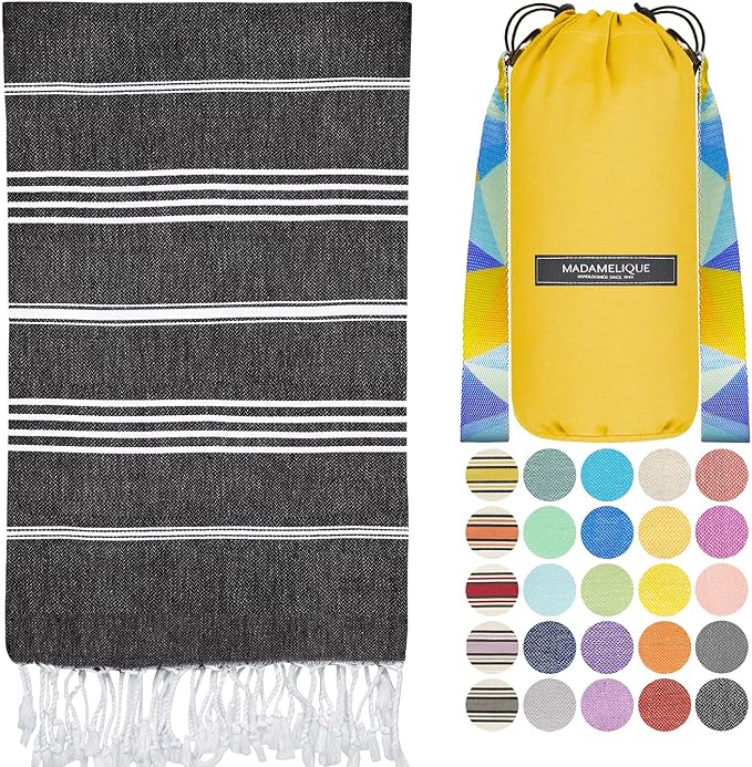 Madamelique Turkish Beach Towel with Beach Bag - 39 x 74 - Prewashed Beach Towels Oversized -%100Cotton - Quick Dry - Sand Free - Hand Loomed Turkish Bath Towels - Unique Towel (Black)