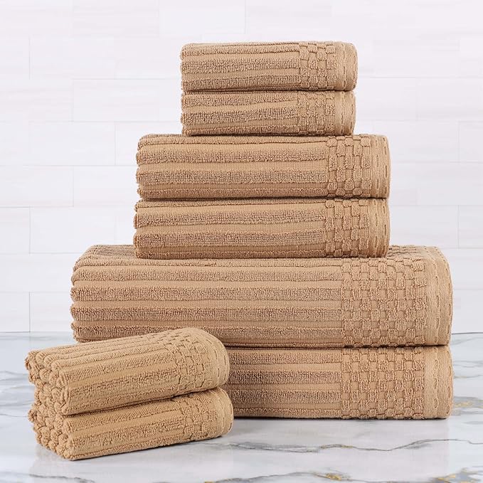 Cotton 8-Piece Solid and Ribbed Towel Set, Face Towels 13” x 13”, Hand Towels 16” x 28”, Bath Towels 27” x 54”, Coffee by Superior