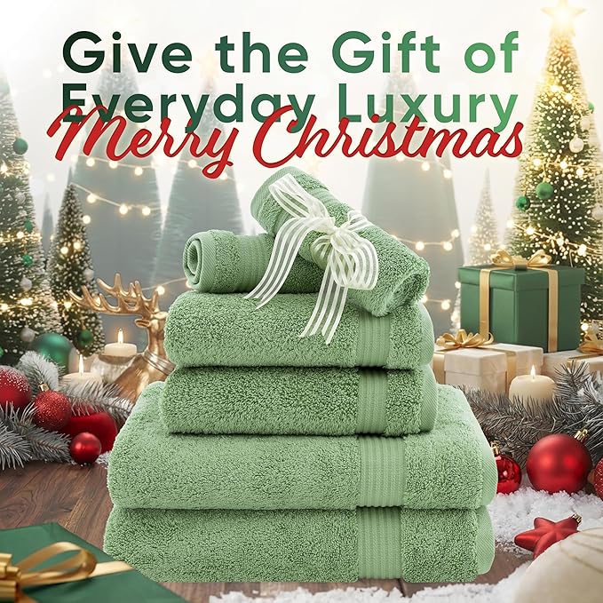 American Veteran Towel, 6 Piece Towel Set for Bathroom, 100% Cotton Turkish Bathroom Towels, 2 Bath Towels 2 Hand Towels 2 Washcloths, Sage Green