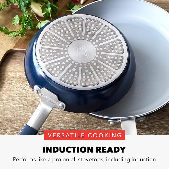 GreenPan x Bobby Flay 2 Piece- 8” and 10” Nonstick Frying Pan Skillet Set, PFAS-Free Diamond Ceramic, Induction Suitable, Stay-Cool Silicone Handle, Easy Clean Dishwasher & Oven Safe, Oxford Blue