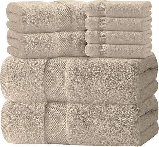 White Classic Luxury Bath Towel Set of 8 Pieces - 100% Turkish Cotton Highly Absorbent Towels for Bathroom, 2 Luxury Bath Towels 700GSM, 2 Hand Towels, 4 Washcloths, Taupe