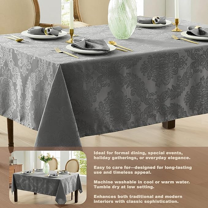 Newbridge Christmas Barcelona Damask Fabric Tablecloth, 60 x 102 Inch Rectangle, Grey – No Iron, Soil Resistant Table Cover for Dining, Parties and Holidays