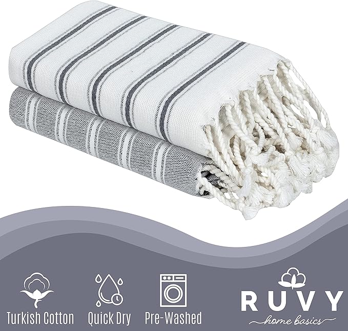 Ruvy Home Basics Turkish Hand Towels for Bathroom Set of 2 | 18"x40", Cotton | Decorative Towel for Bathroom, Kitchen, Dishcloth, Tea, Yoga, Face, Gym - Light Grey