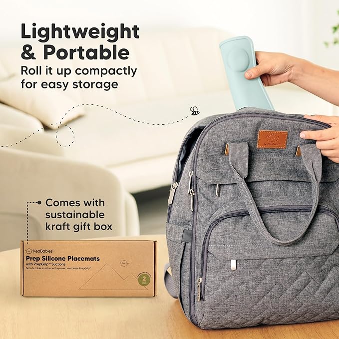 KeaBabies 2-Pack Silicone Placemats for Toddlers - 12x9 Non Slip Suction Baby Silicone Placemat for Kids Eating, Easy to Clean, Busy Travel Baby Mat for Dining Table, Food Grade/BPA-Free (Pastel Sky)