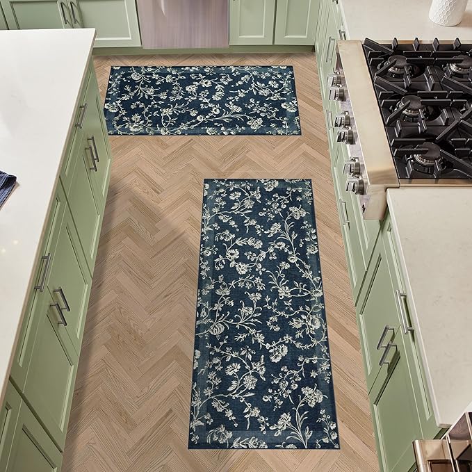 Laura Ashley Dark Navy Aria Floral Border Machine Washable & Slip Resistant 2 Piece Set - 26" x 45" Accent Rug & 26" x60" Runner Rug