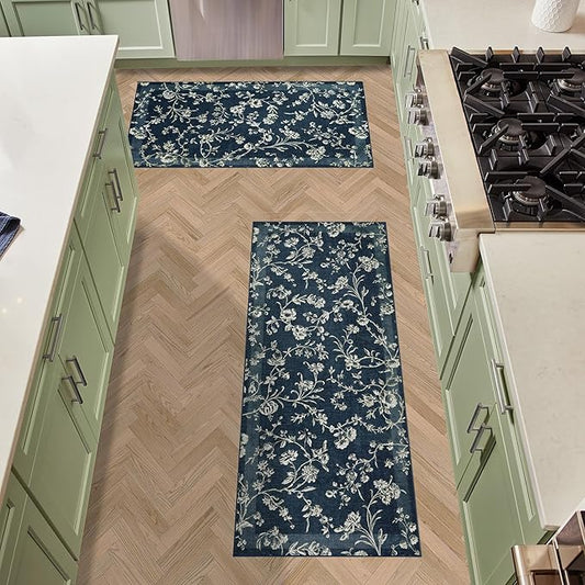 Laura Ashley Dark Navy Aria Floral Border Machine Washable & Slip Resistant 2 Piece Set - 26" x 45" Accent Rug & 26" x60" Runner Rug
