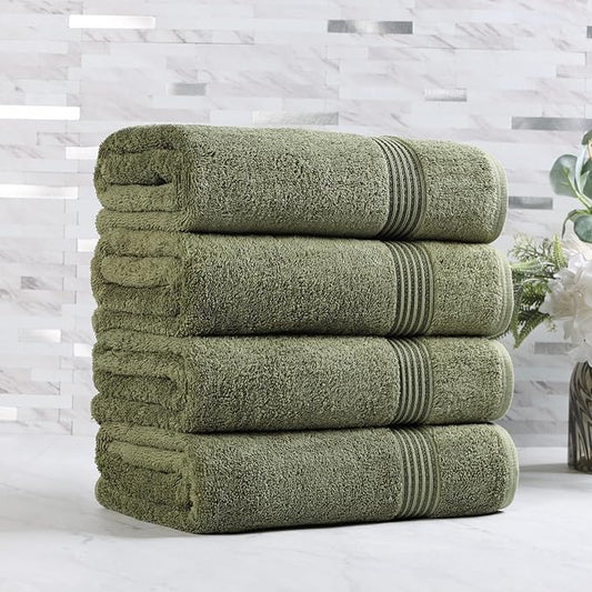 Superior Egyptian Cotton Bath Towel Set, Home Bathroom Towels, Master, Guest Bath, Decor Essentials, Quick Dry, Absorbent, Large Body Towels, Spa, Hotel, Resort, Adult, Kids, Set of 4, Forest Green