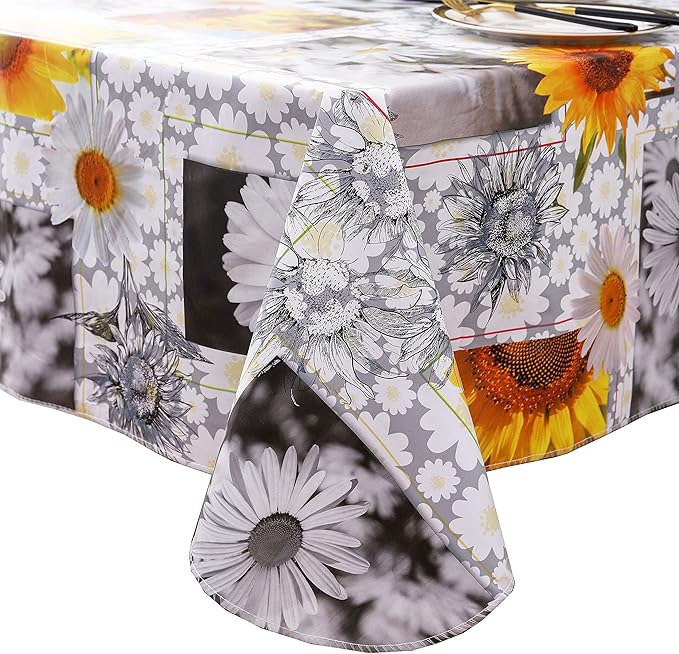 Heavy Duty Vinyl Tablecloth with Flannel Backing Waterproof Oil-Proof Plastic Table Cloth Stain-Resistant Wipeable Rectangle or Square Table Cover for Indoor and Outdoor ( Sunflower, 60X102 Inch)