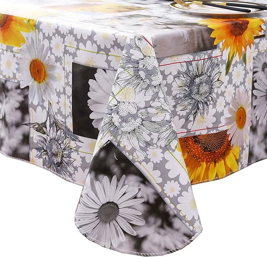 Heavy Duty Vinyl Tablecloth with Flannel Backing Waterproof Oil-Proof Plastic Table Cloth Stain-Resistant Wipeable Rectangle or Square Table Cover for Indoor and Outdoor ( Sunflower, 60X102 Inch)