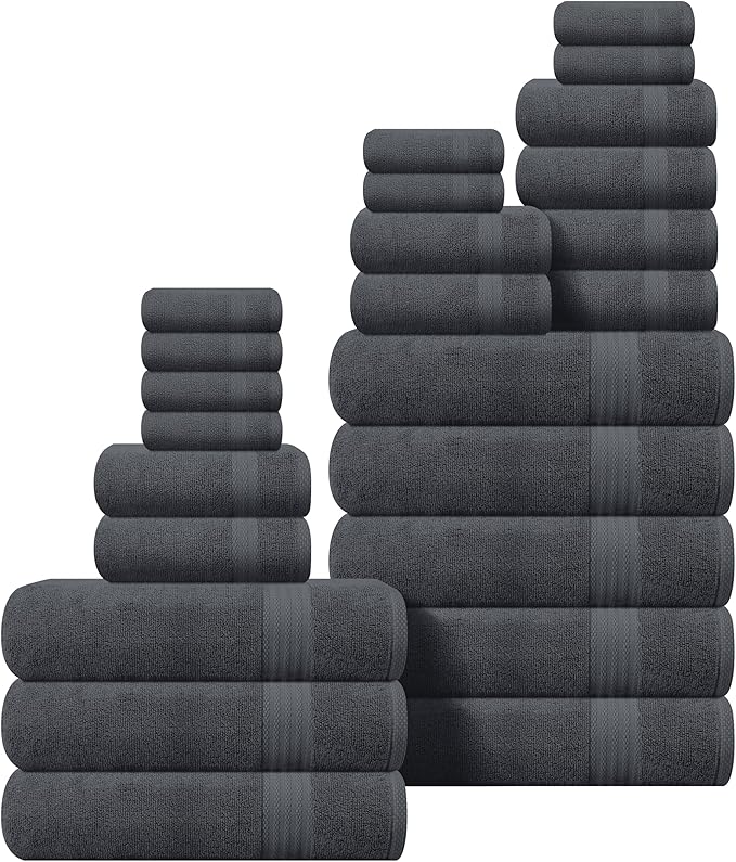 GLAMBURG Ultra Soft 24-Piece Towel Set - 100% Pure Ringspun Cotton, Contains 8 Oversized Bath Towels 27x54, 8 Hand Towels 16x28, 8 Wash Cloths 13x13- Ideal for Everyday use, Hotel & Spa- Charcoal Grey