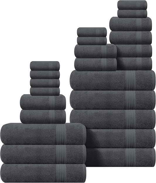 GLAMBURG Ultra Soft 24-Piece Towel Set - 100% Pure Ringspun Cotton, Contains 8 Oversized Bath Towels 27x54, 8 Hand Towels 16x28, 8 Wash Cloths 13x13- Ideal for Everyday use, Hotel & Spa- Charcoal Grey