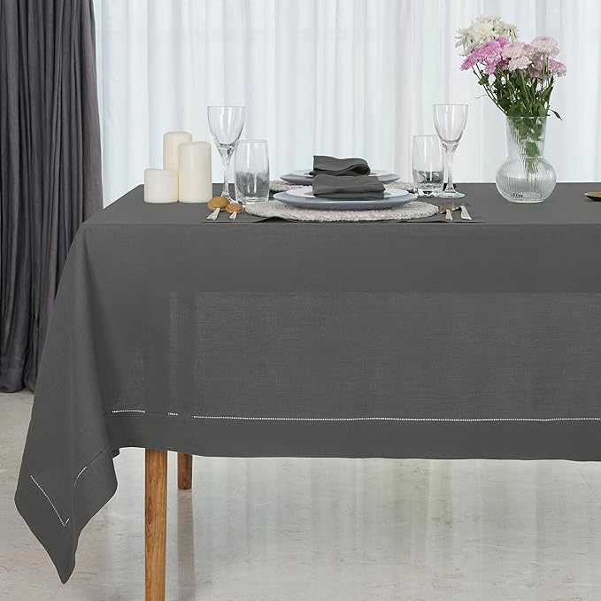 D'Moksha Homes Charcoal Grey Linen Tablecloth for Rectangle Tables 60 x 90 Inch - 100% Pure Linen Grey Table Cloth - Classic Hemstitch, Machine Washable Tablecloth for Christmas, Holiday, New Year