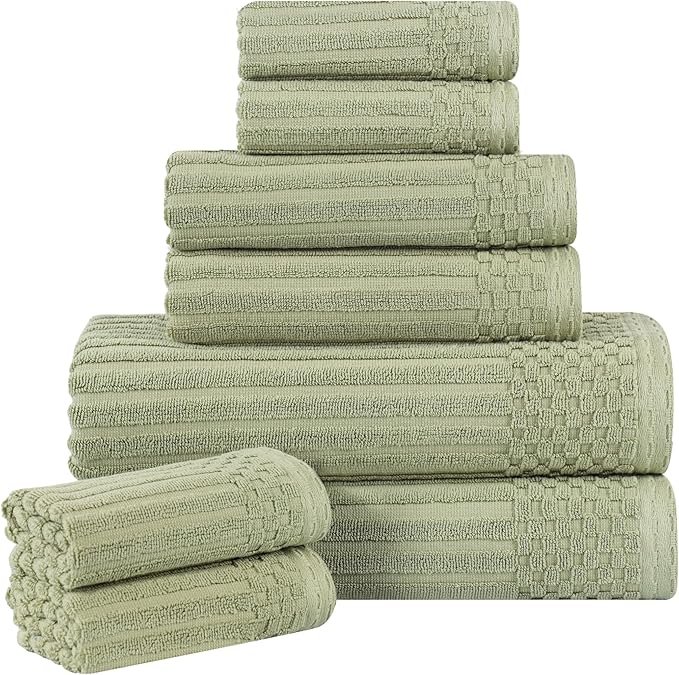 Cotton 8-Piece Solid and Ribbed Towel Set, Face Towels 13” x 13”, Hand Towels 16” x 28”, Bath Towels 27” x 54”, Sage by Superior