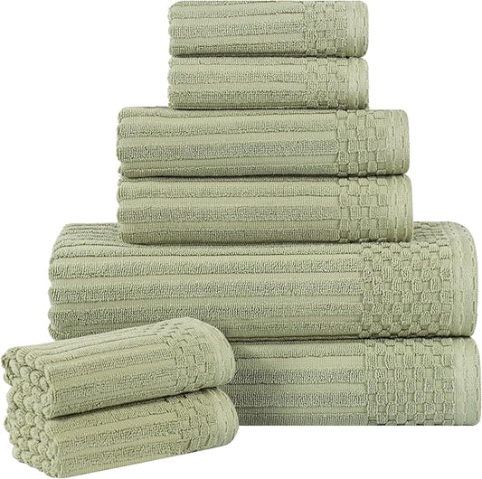Cotton 8-Piece Solid and Ribbed Towel Set, Face Towels 13” x 13”, Hand Towels 16” x 28”, Bath Towels 27” x 54”, Sage by Superior