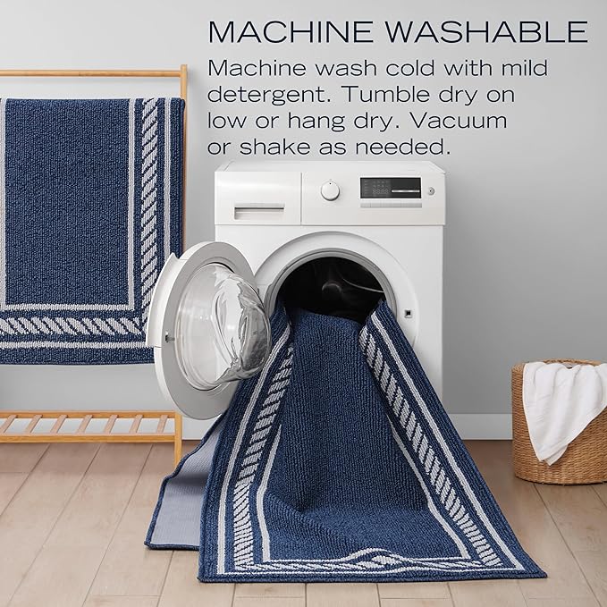 Nautica – Runner Rug 2 Piece Set | Indoor Runners for Hallways and Entry Rugs| Non-Skid Entry and Kitchen Door Mat| Machine Washable Carpet Rugs | 2'2" x 3'9" and 2'2" x 5' | Rope Border Denim