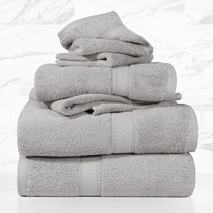 Superior Egyptian Cotton Pile 6 Piece Towel Set, Includes 2 Bath, 2 Hand, 2 Face Towels/Washcloths, Ultra Soft Luxury Towels, Thick Plush Essentials, Guest Bath, Spa, Hotel Bathroom, Silver