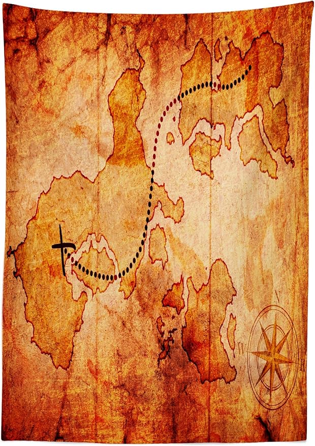 Ambesonne Island Map Tablecloth, Antique Treasure Map X Marks Spot Pot of Gold Hidden Lands History Theme Retro, Rectangular Table Cover for Dining Room Kitchen Decor, 52" X 70", Cream Tan