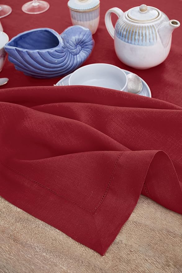 Solino Home Red Linen Tablecloth 60 x 144 Inch - 100% Pure Linen Hemstitch Table Cloth for Rectangle Tables - Classic Hemstitch, Machine Washable Tablecloth for Valentines, Winter, New Year