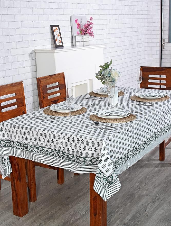 Ridhi -Emerald Green Cotton Tablecloth, Handblock Print Floral Table Cloth for Kitchen Dining Linen I Thanksgiving, Christmas, Wedding, Fall Décor 4 Seater 60x60 Inches Square
