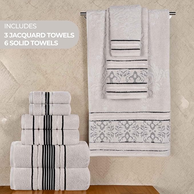 Superior Cotton 9 Piece Assorted Floral Towel Set, Includes 3 Bath, 3 Hand, 3 Washcloth/Face Towels, Quick Dry, Home Essentials, Shower, Spa, Luxury Plush Soft Absorbent Towels, Zero Twist, Platinum