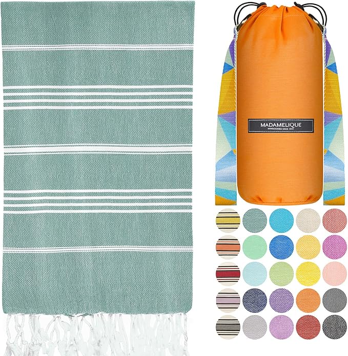 Madamelique Turkish Beach Towel with Beach Bag - 39 x 74 - Prewashed Beach Towels Oversized -%100Cotton - Quick Dry - Sand Free - Hand Loomed Turkish Bath Towels - Unique Absorbent Towel (Teal)