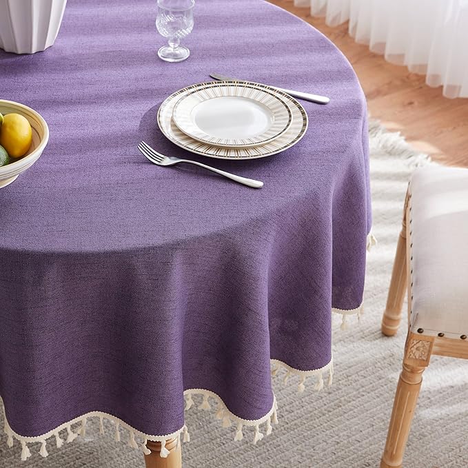 Linen Tablecloth with Tassels, Farmhouse Style Purple Tablecloth, Water Resistant Burlap Tablecloths for Round Table, 52 Inch Round Purple