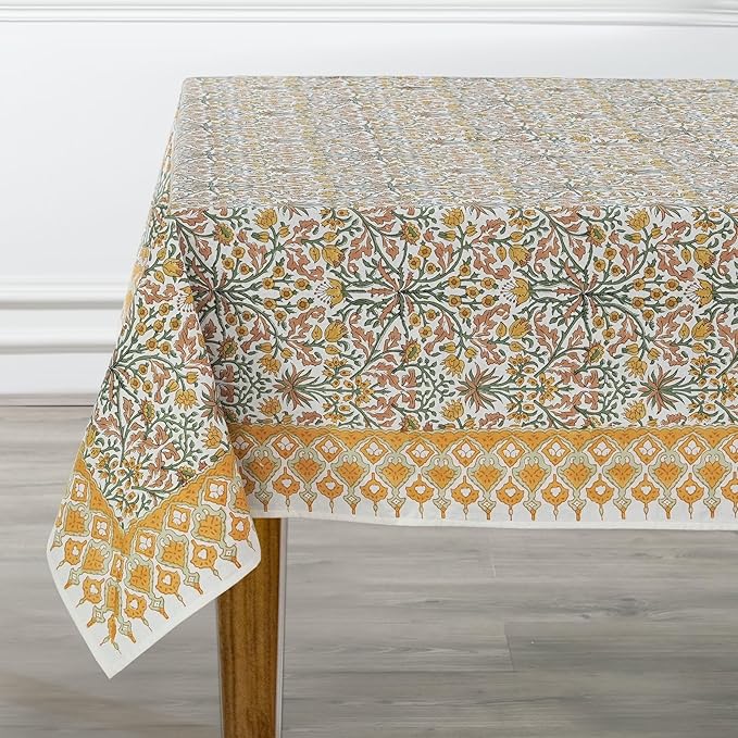 Ridhi Goldenrod Yellow Hand Block Print Cotton Rectangle Tablecloth 190" x 72" inches Reusable Table Cover Decorative Everyday Use for Dining, Farmhouse, Home, Party, Festive, Wedding, Fall