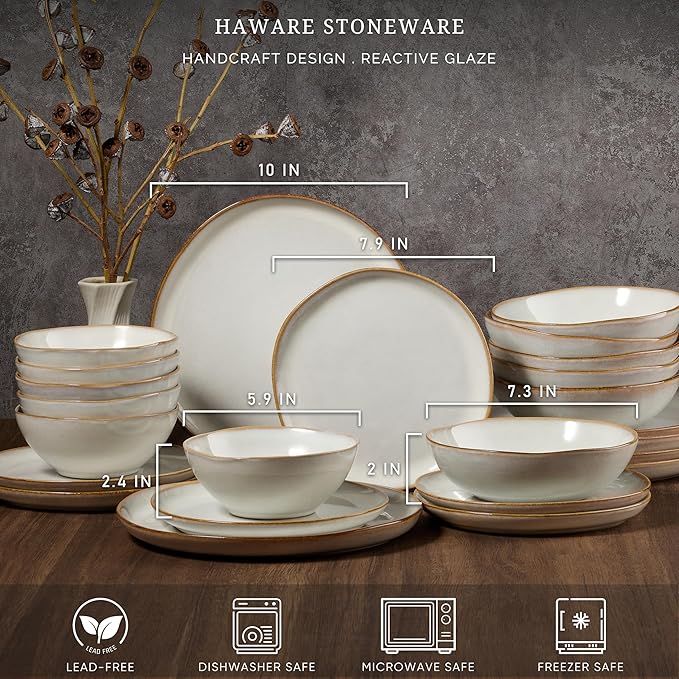 HaWare Plates and Bowls Set, Stoneware Dinnerware Sets, 24-Piece Hand-painted Dishware for 6, Ceramic Dish Set for Home Kitchen, Scratch Resistant, Microwave and Dishwasher Safe, Reactive Pearl White