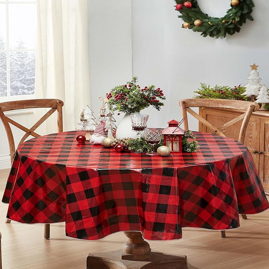 Newbridge Holiday Buffalo Plaid Vinyl Christmas Tablecloth with Flannel Backing, Red & Black Rustic Cottage Check, Wipe Clean, 60 x 84 Inch Oval