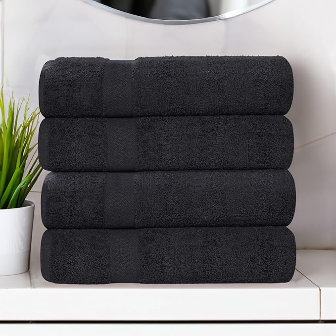 Superior 4-Piece Cotton Bath Towel Set, Towels for Adults, Kids, Fast Drying Body Towels, Shower, Bath, Pool, Guest/Master Bathroom Essentials, Dorm, Home, Apartment, Franklin Collection, Black