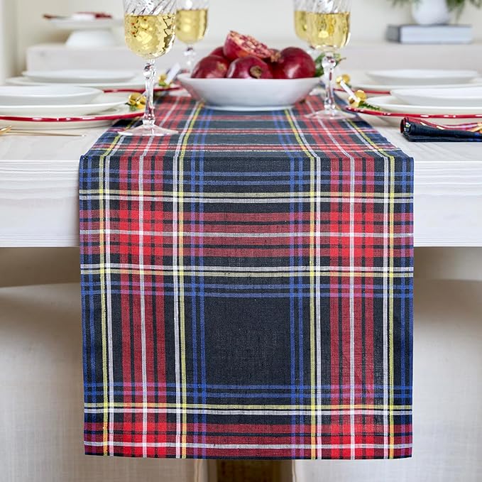 Solino Home Linen Plaid Table Runner 108 Inches Long - 100% Pure Linen Stewart Tartan Plaid Black Table Runner 14 x 108 Inch for Dining, Holiday, Winter, New Year