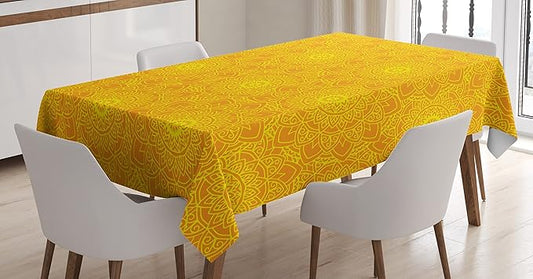 Ambesonne Yellow Mandala Tablecloth, Vibrant Colored Abstract Lotus Flowers Native Artwork Warm Sun Inspired, Dining Room Kitchen Rectangular Table Cover, 60" X 84", Orange Yellow