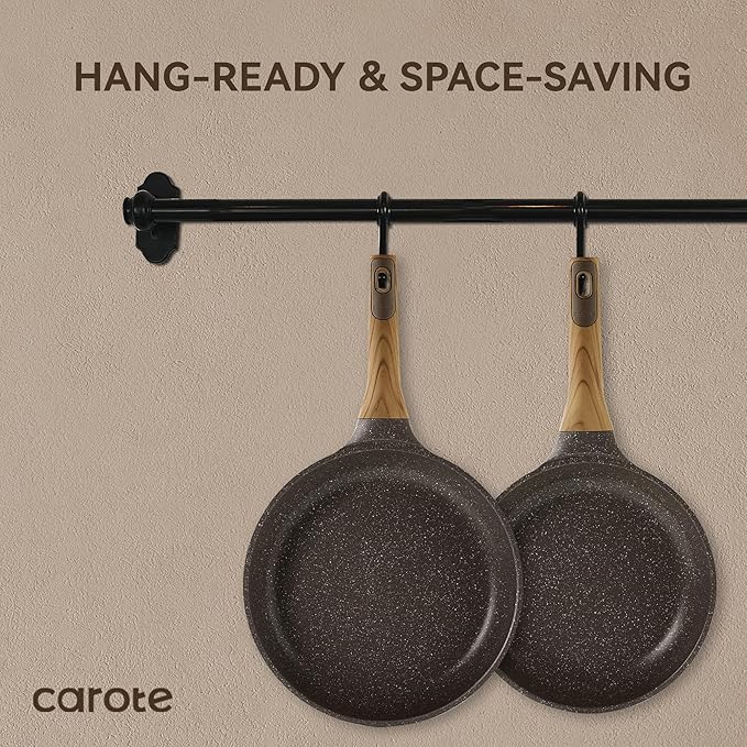 CAROTE Non Stick Frying Pan Skillet Set, Omelet Pan, Healthy Non Toxic Granite Chef Pan, Induction Compatible Egg Frying Pan with Heat-Resistant Handle, PFOA-Free,Brown,9.5"+11"