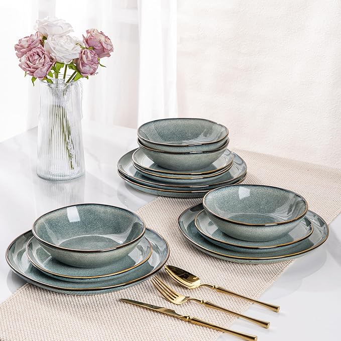 AmorArc Ceramic Dinnerware Sets,Handmade Reactive Glaze Stoneware Plates and Bowls Sets,Highly Scratch Resistant | Dishwasher & Microwave Safe Dishes Set,Service for 6 (18pc)
