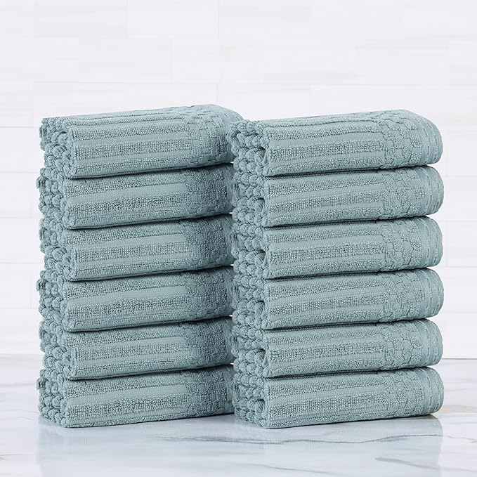 Superior Cotton Face Towel/Washcloth Set of 12, Daily Use for Bathroom, Guest Bath, Quick Dry Small Towels, Face, Hand, Gym, Spa, Hotel, Absorbent, Essentials, Ribbed, Soho Collection, Basil