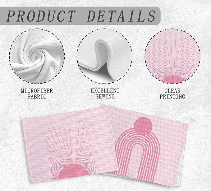 Pink Abstract Sunrise Kitchen Towels Set of 2, Bohemian Sun Hand Towels, Preppy Kitchen Towels, Sunshine Gifts, Pink Moon Drying Cloth Hand Towels for Girls Bathroom Kitchen Decor, 16×24 Inches