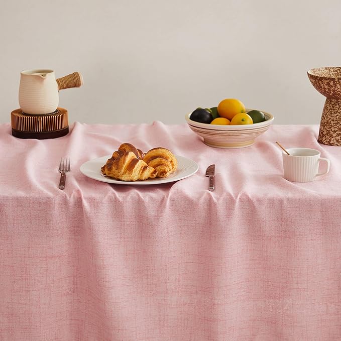 Linen Tablecloth for Rectangle Table, 60x104 Inch Pink, Farmhouse Style Pink Tablecloth, Water Resistant Burlap Tablecloths for Dining Table Farmhouse Kitchen