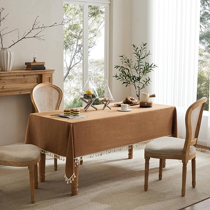 Linen Tablecloth with Tassels, Farmhouse Style Brown Tablecloth, Water Resistant Burlap Tablecloths for Rectangle Table, 60x84 Inch Caramel