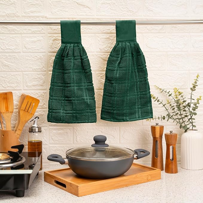 Blue Needles Hanging Kitchen Towels - Forest Green 100% Cotton Solid Kitchen Tie Towel, Set of 2 Hand Dish Cloth with Hanging Loops 9 x 17 Inches, Absorbent, Super Soft, and Fast Drying Home Essential