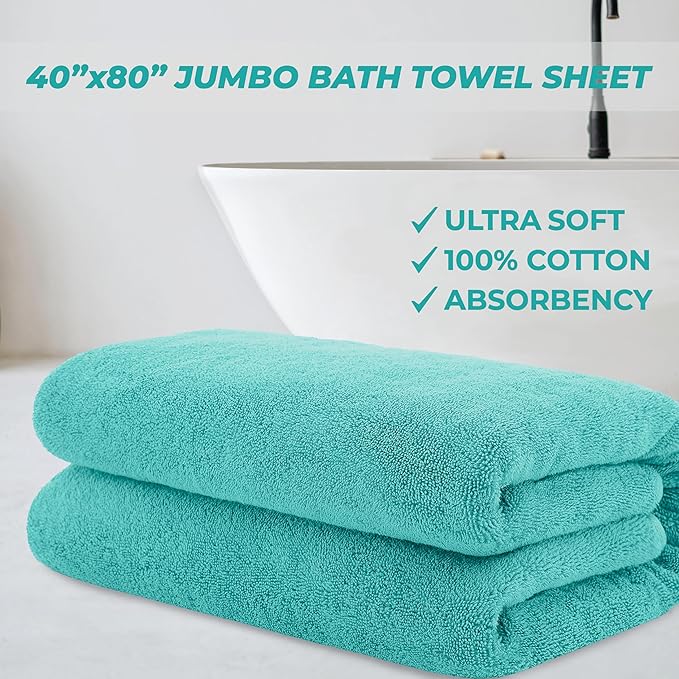 Cotton Paradise 100% Cotton 40x80 Oversized Bath Sheet, Extra Large Turkish Bath Towels for Bathroom, Turquoise Bathsheet