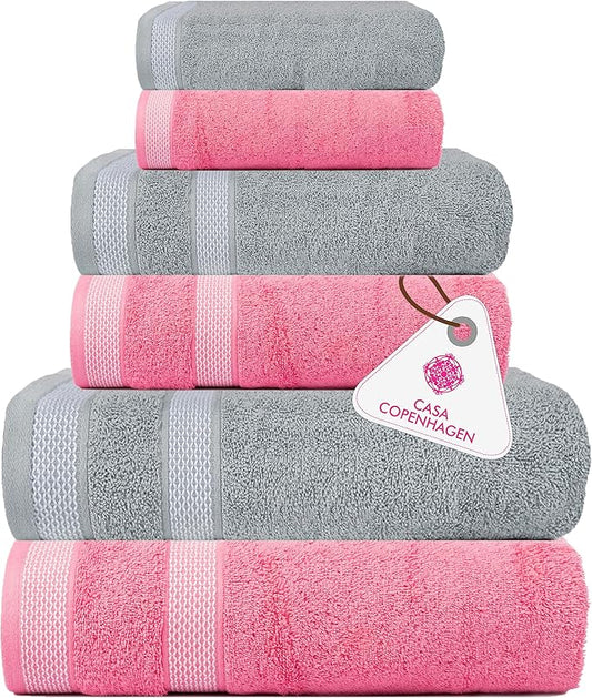 CASA COPENHAGEN Solitaire Mix 6 Pieces Towel Set- Grey Violet + Pink, 600 GSM 2Bath Towel 2Hand Towel 2Washcloth, Designed in Denmark Made of Soft Egyptian Cotton for Bathroom, Kitchen & Shower