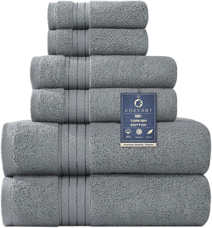 COZYART Grey Bath Towel Set 6pcs, Turkish Cotton Bathroom Towel Sets Soft Absorbent and Durable 650 GSM Luxury 6 Pcs with 2 Bath Towels, 2 Hand Towels, 2 Washcloth