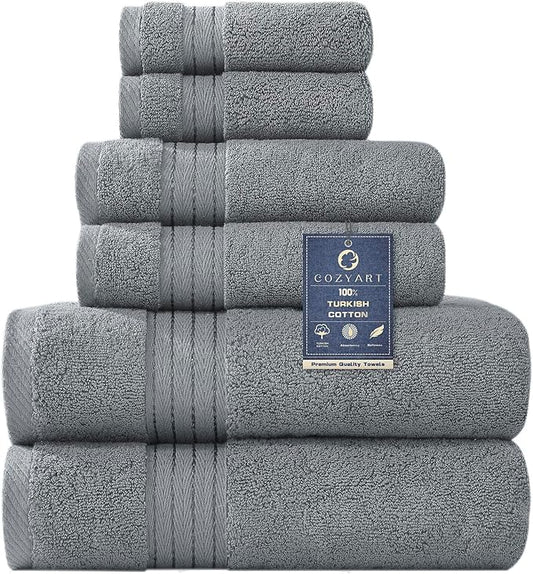COZYART Grey Bath Towel Set 6pcs, Turkish Cotton Bathroom Towel Sets Soft Absorbent and Durable 650 GSM Luxury 6 Pcs with 2 Bath Towels, 2 Hand Towels, 2 Washcloth