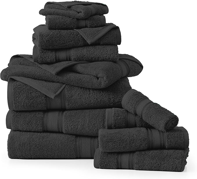 LANE LINEN 12 Pack Premium Towels for Bathroom – 100% Cotton, Zero Twist, 4 Bath, 4 Hand Towel & 4 Wash Cloths, Highly Absorbent, Remains Soft After Wash, Hotel & Spa Quality – Black